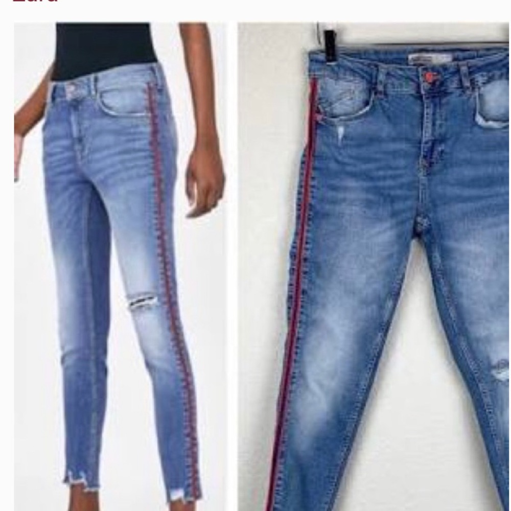 Zara denim with red stripe